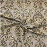 Longan Craft's Chenille Damask Fabric by the Yard features an elegant, symmetrical floral jacquard pattern in beige and gold, perfect for upholstery or home décor projects that showcase its ornate folds and texture.