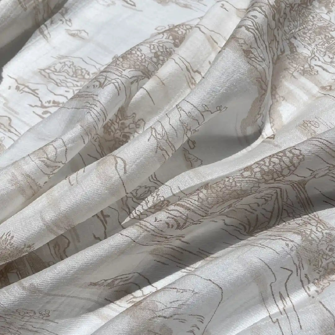 Longan Craft’s Chinoiserie Printed Lyocell Fabric by the yard features soft, colorful polyester lyocell ideal for dressmaking, with gentle drape and elegant landscape-inspired patterns.