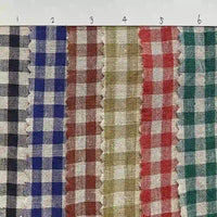 Six strips of Longan Craft’s Colorful Checkered Linen Fabric By The Yard, featuring 100% washed linen gingham in blue, brown, red, yellow, orange, and green, are arranged vertically side by side beneath a numbered white strip from 1 to 6. Each vibrant linen fabric strip showcases a scalloped edge on one side.