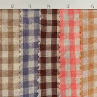 Five swatches of Longan Craft’s “Colorful Checkered Linen Fabric By The Yard,” a 100% washed linen gingham apparel fabric, are shown side by side in checkered patterns numbered 12 to 16, each featuring different colors: brown, blue, dark brown, pink, and orange—ideal natural linen material for dressmaking.