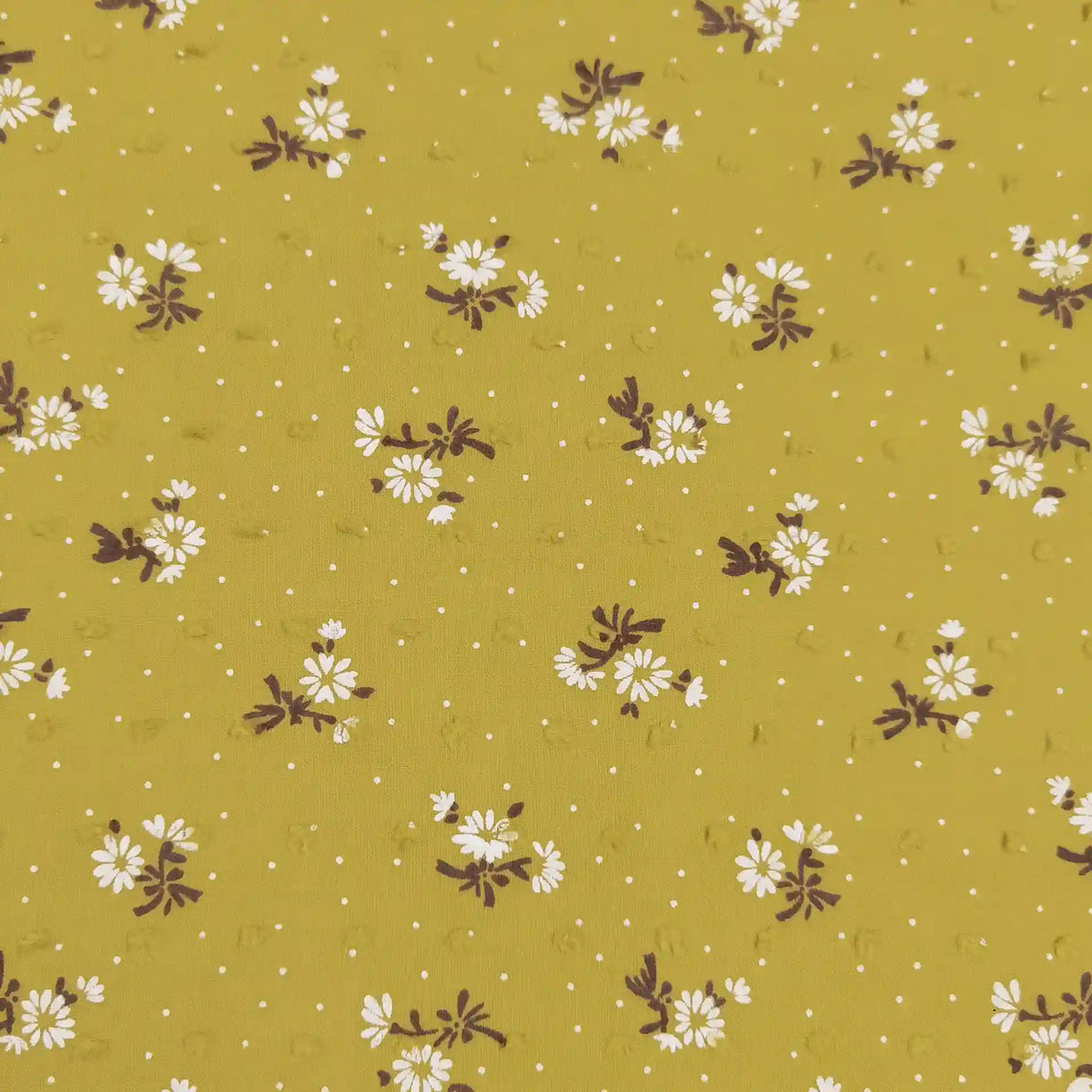 Longan Craft's Colorful Daisy Print Swiss Dot Fabric by the yard features 100% cotton material with vibrant daisy prints and classic dotted Swiss texture—perfect, breathable fabric for casual wear.
