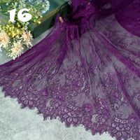 Colorful Floral Embroidered Lace Fabric by Longan Craft, featuring a vintage botanical pattern and delicate scalloped edges, is displayed on a gray surface. White flowers and the number “16” in bold white text appear in the top left corner.