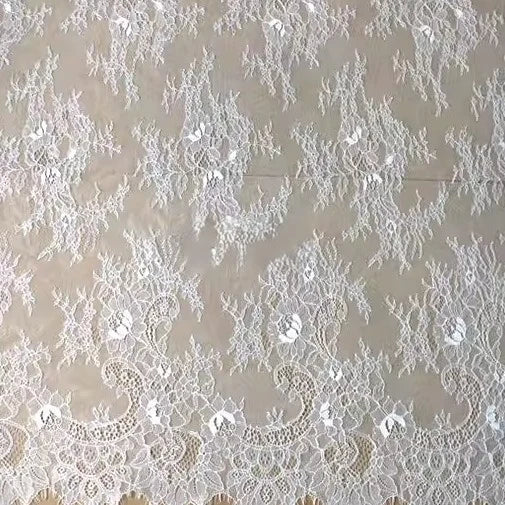 Longan Craft's Colorful Floral Embroidered Lace Fabric by the yard features vintage scalloped edges and a delicate botanical pattern—ideal for wedding gowns, elegant dresses, or creative projects.