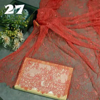 Longan Craft’s Colorful Floral Embroidered Lace Fabric By The Yard, a vintage scalloped botanical lace for wedding gowns, is shown draped and framed, with flowers nearby and the number 27 in the corner.