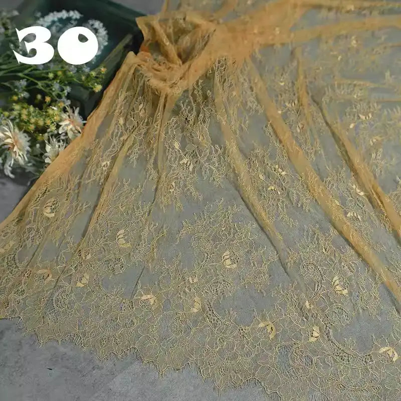 A large piece of Longan Craft's Colorful Floral Embroidered Lace Fabric, featuring a vintage scalloped botanical pattern, is displayed on a grey surface. Small white flowers are in the background, with "30" in white at the top left.