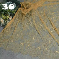 A large piece of Longan Craft's Colorful Floral Embroidered Lace Fabric, featuring a vintage scalloped botanical pattern, is displayed on a grey surface. Small white flowers are in the background, with "30" in white at the top left.