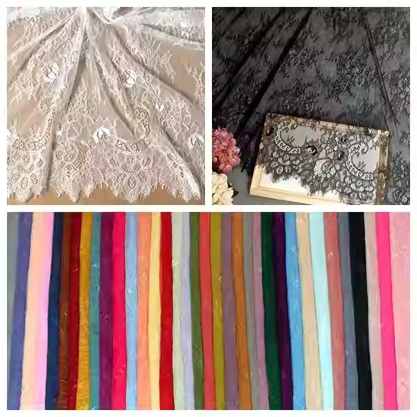 A collage showcases Longan Craft's Colorful Floral Embroidered Lace Fabric by the yard, featuring delicate white and black botanical lace—perfect for wedding gowns—with rows of vibrant fabric strips displayed below.