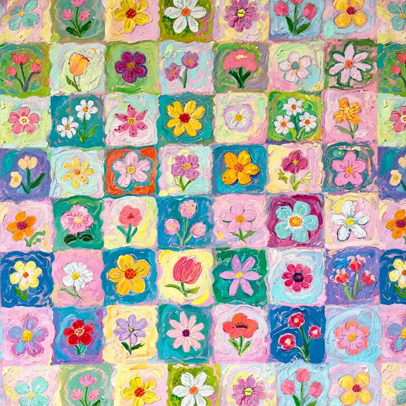 Colorful Floral Print Canvas Fabric By The Yard featuring a colorful floral grid pattern of squares, each painted with a different flower.