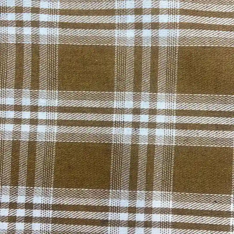 Longan Craft’s Colorful One Side Sueded Flannel Fabric By The Yard is a yarn dyed cotton plaid flannel material featuring a woven texture and a pattern of brown and white stripes that intersect to form large and small squares, with the brown tones standing out for a cozy, snuggly fall look.