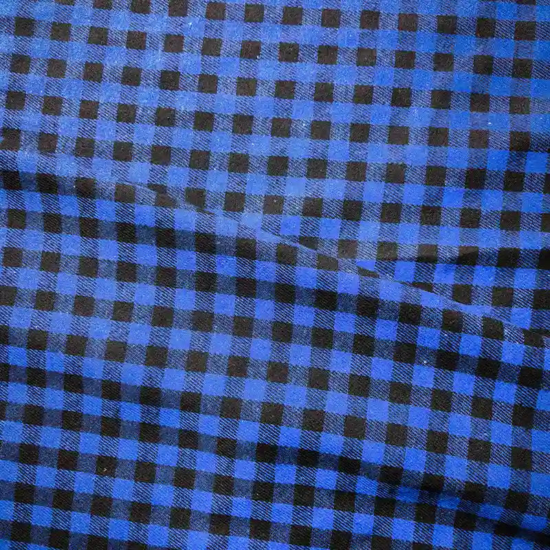 Blue and black checkered Colorful One Side Sueded Flannel Fabric By The Yard from Longan Craft, crafted with yarn-dyed cotton in a small square plaid pattern, featuring a super snuggle finish and a subtle surface wrinkle.
