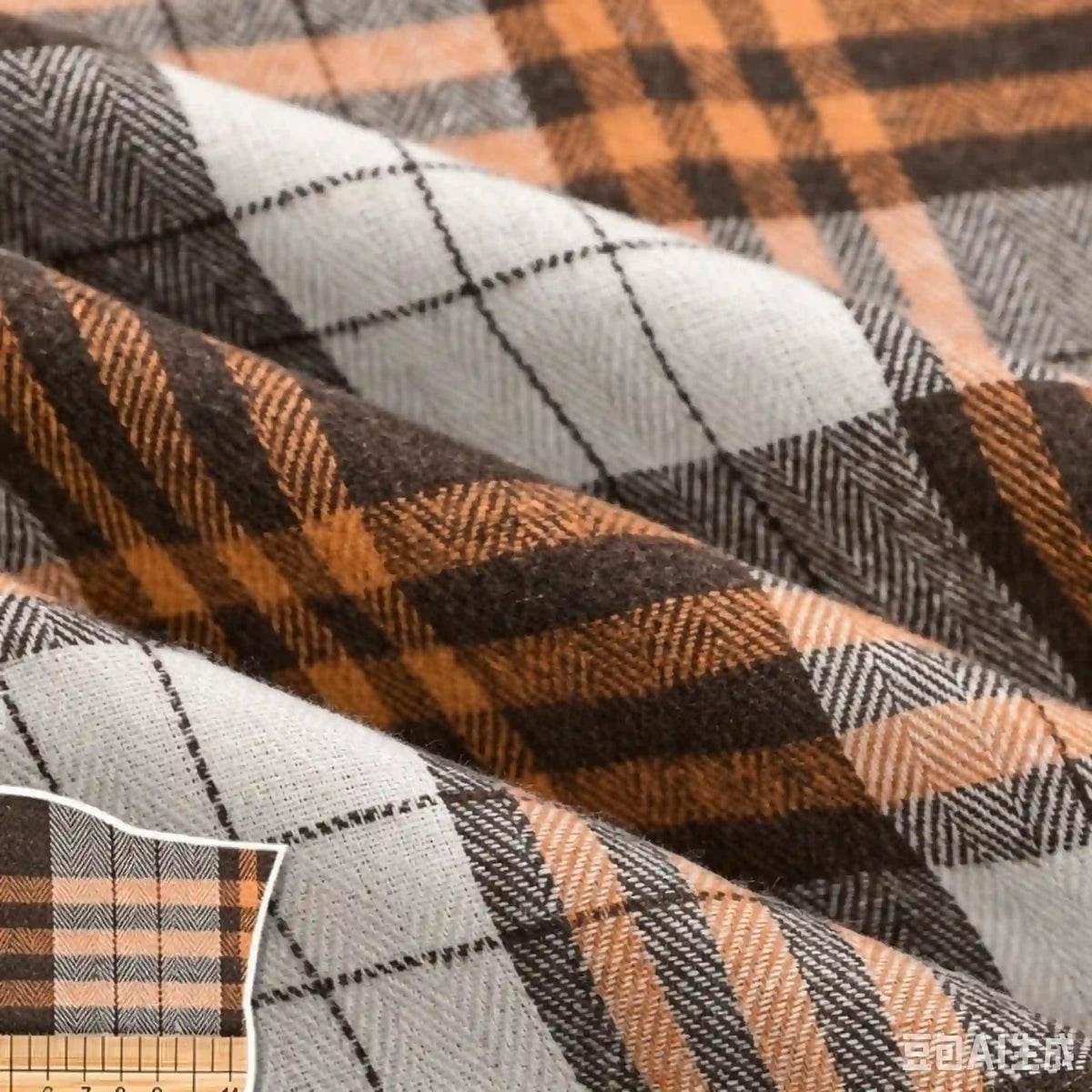 A folded piece of Longan Craft’s Colorful One Side Sueded Flannel Fabric By The Yard displays a yarn-dyed cotton plaid pattern in shades of brown, tan, and white. The inset offers a close-up view that showcases the soft, brushed texture and clearly defined intersecting lines characteristic of this super snuggle fall flannel material.