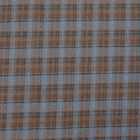 A close-up view of Longan Craft's Colorful Polyester Rayon Mammoth Flannel Fabric, featuring a brown base with blue and black plaid grid pattern—plaid brushed flannelette by the yard, perfect for snuggly apparel.