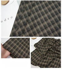 Three close-up photos of Longan Craft’s Colorful Polyester Rayon Mammoth Flannel Fabric by the yard show its brown, black, and white plaid pattern with a soft, flexible drape and detailed brushed texture for cozy apparel.