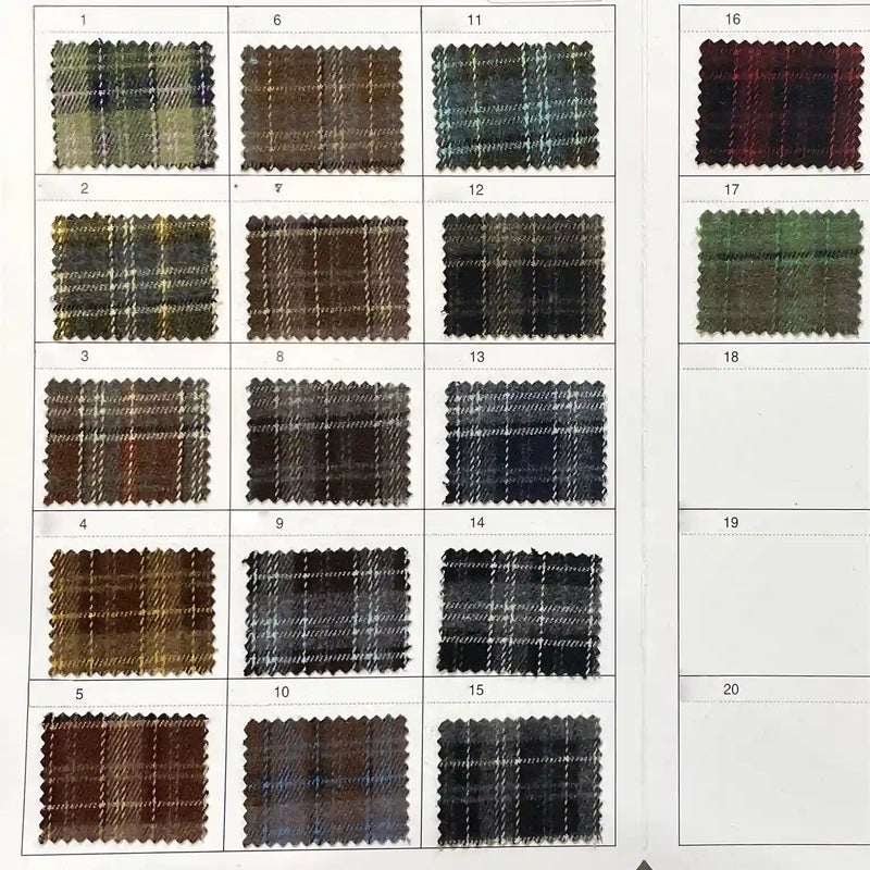 A chart shows 17 numbered swatches of Longan Craft Colorful Polyester Rayon Mammoth Flannel Plaid Fabric, with multicolor patterns. Three empty slots on the right are labeled 18, 19, and 20.