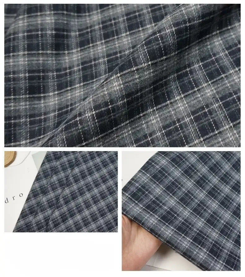 Close-up of Longan Craft's Colorful Polyester Rayon Mammoth Flannel Fabric by the yard, featuring a plaid brushed flannelette material with soft texture and fine white checkered lines—ideal for cozy apparel.