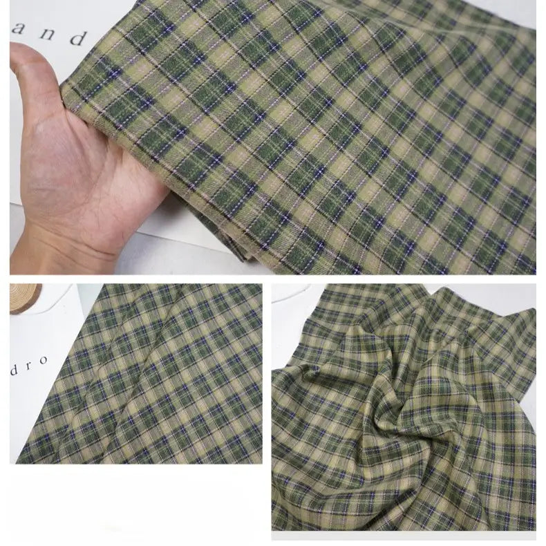 Three images show a hand displaying Longan Craft's Colorful Polyester Rayon Mammoth Flannel Fabric by the Yard, a plaid brushed flannelette in green, beige, and blue, folded, flat, and gathered to highlight its snuggly texture and vibrant pattern.