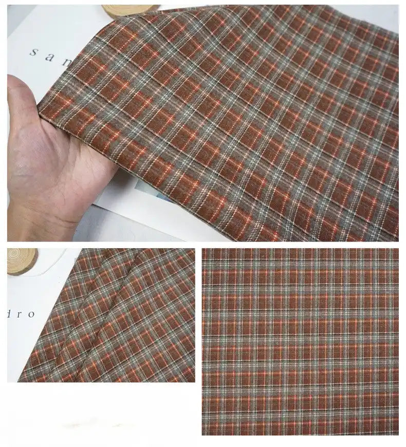 A hand holds Longan Craft’s Colorful Polyester Rayon Mammoth Flannel Fabric By The Yard, featuring a brown, red, and white plaid. Two close-ups reveal the brushed flannelette material’s detailed plaid pattern and snuggly soft texture.