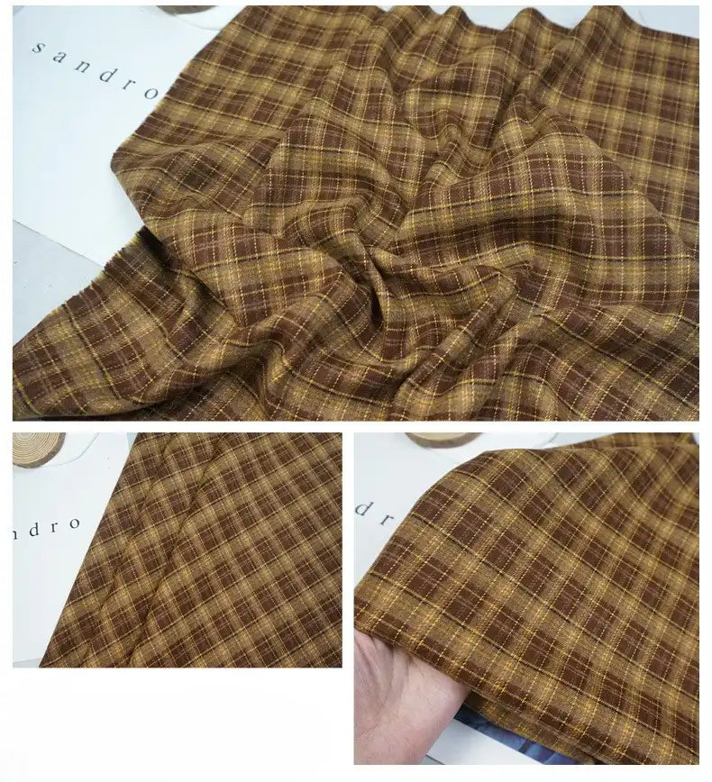 Three close-up images display Longan Craft’s Colorful Polyester Rayon Mammoth Flannel Fabric By The Yard, featuring a soft, plaid brushed flannelette texture in brown and yellow, slightly wrinkled on a white surface.