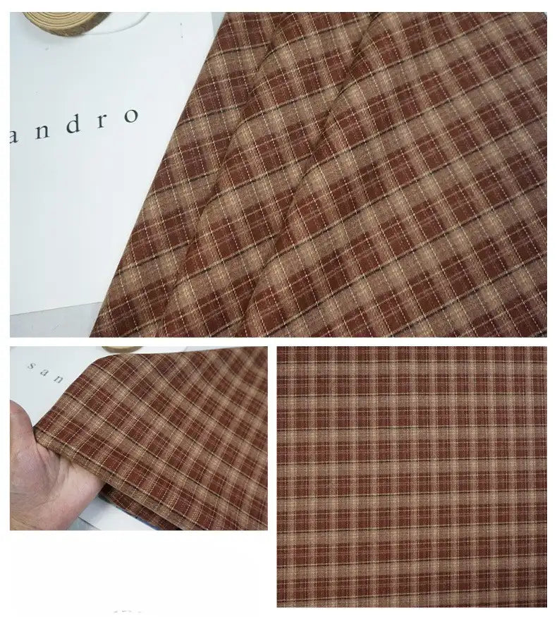 Three images showcase Longan Craft's Colorful Polyester Rayon Mammoth Flannel Fabric by the yard: the top displays it draped, the bottom left shows it held in hand, and the bottom right highlights a close-up of its plaid pattern.