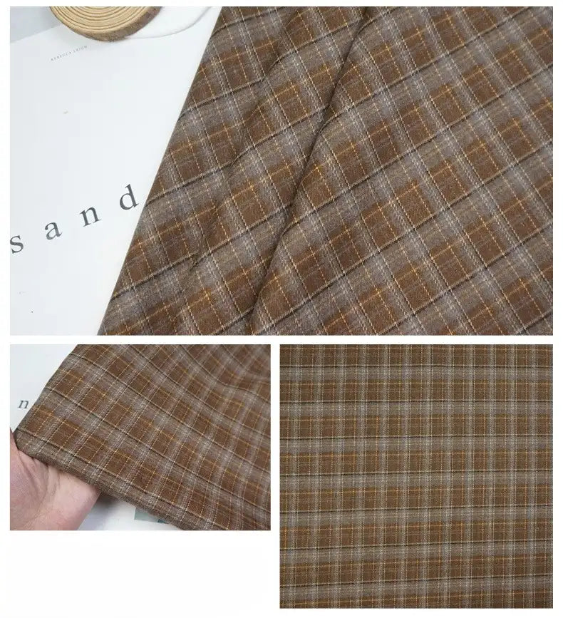 A close-up of Longan Craft’s Colorful Polyester Rayon Mammoth Flannel Fabric By The Yard shows brown plaid with tan and white lines—first, draped; second, held by hand; third, flat to highlight the detailed snuggly flannelette pattern.