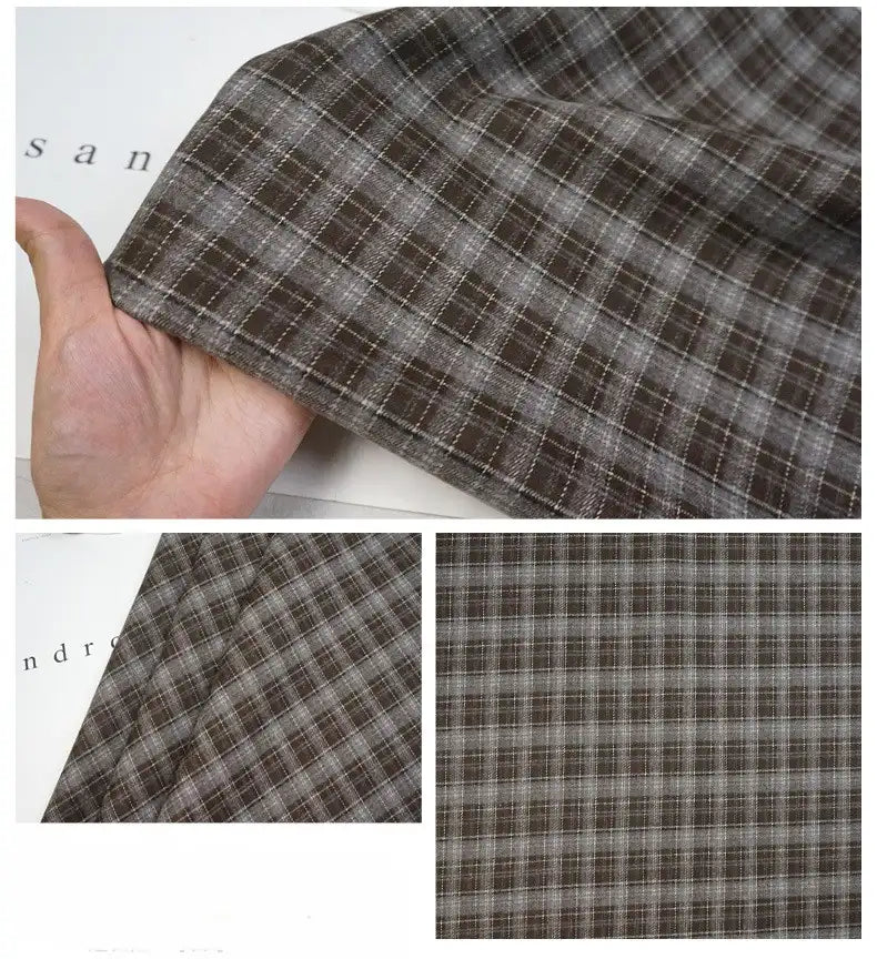 A close-up of Longan Craft’s Colorful Polyester Rayon Mammoth Flannel Fabric By The Yard, shown draped over a hand and in detail shots, highlights its plaid pattern and soft, snuggly brushed texture—ideal for apparel.