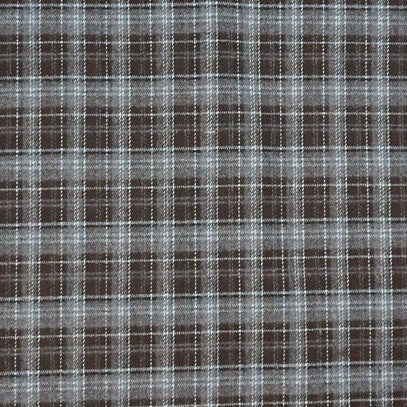 A close-up of the Longan Craft Colorful Polyester Rayon Mammoth Flannel Fabric by the yard, featuring a multicolor plaid pattern with intersecting brown, gray, and white lines on soft brushed flannelette—ideal for cozy apparel.