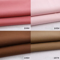 Four folded Longan Craft Colorful Rayon Polyester Blend Gabardine fabrics are shown: rose pink (104#), light pink (105#), dark brown (106#), and khaki brown (107#), each labeled in the bottom right corner.