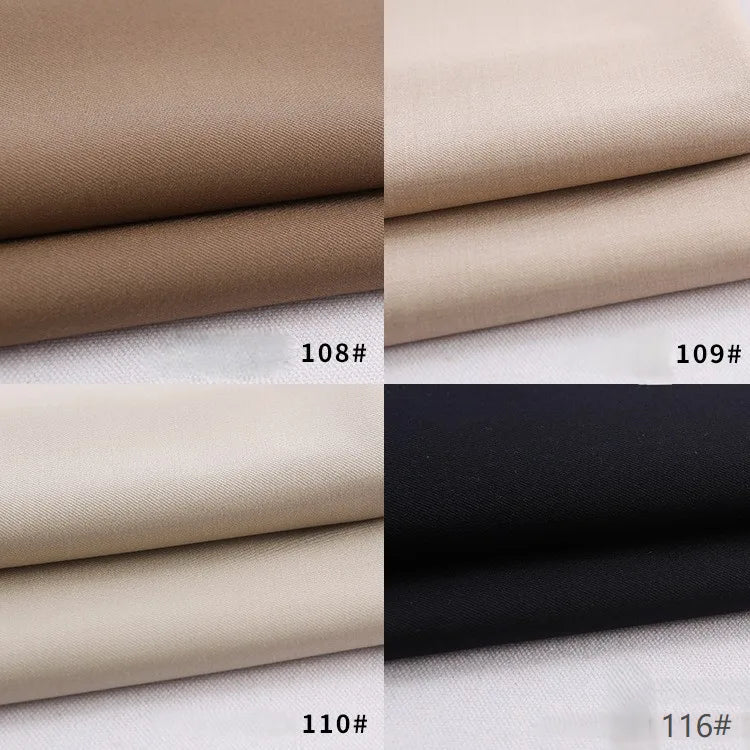 Four fabric swatches in brown, beige, and black shades, labeled 108#, 109#, 110#, and 116#, feature Longan Craft's Colorful Rayon Polyester Blend Gabardine Fabric—heavyweight viscose material—arranged in a 2x2 grid on white.