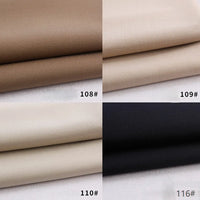 Four fabric swatches in brown, beige, and black shades, labeled 108#, 109#, 110#, and 116#, feature Longan Craft's Colorful Rayon Polyester Blend Gabardine Fabric—heavyweight viscose material—arranged in a 2x2 grid on white.