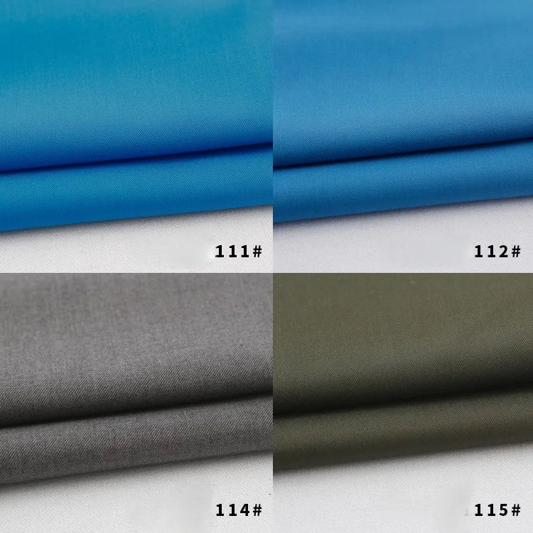 Four rayon polyester blend gabardine fabric swatches from Longan Craft are shown: bright blue (111#), sky blue (112#), gray (114#), and olive green (115#). Each heavyweight viscose swatch is folded on a white background.