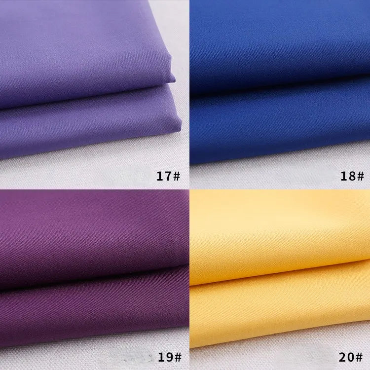 Four stacks of Longan Craft Colorful Rayon Polyester Blend Gabardine Fabric are shown: light purple (17#) top left, blue (18#) top right, dark purple (19#) bottom left, yellow (20#) bottom right. Perfect for DIY uniforms.