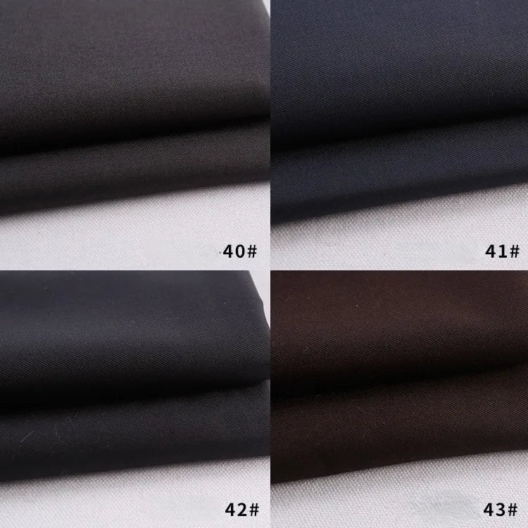 Four swatches of Longan Craft’s Colorful Rayon Polyester Blend Gabardine Fabric (Black 40#, Dark Navy 41#, Charcoal Gray 42#, Dark Brown 43#) are folded on a white background, each with its number visible.