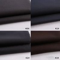 Four swatches of Longan Craft’s Colorful Rayon Polyester Blend Gabardine Fabric (Black 40#, Dark Navy 41#, Charcoal Gray 42#, Dark Brown 43#) are folded on a white background, each with its number visible.