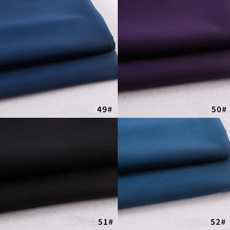 Four stacked samples of Longan Craft’s Colorful Rayon Polyester Blend Gabardine Fabric (49# navy blue, 50# deep purple, 51# black, 52# teal) are shown on a white background with each heavyweight viscose swatch labeled by number.