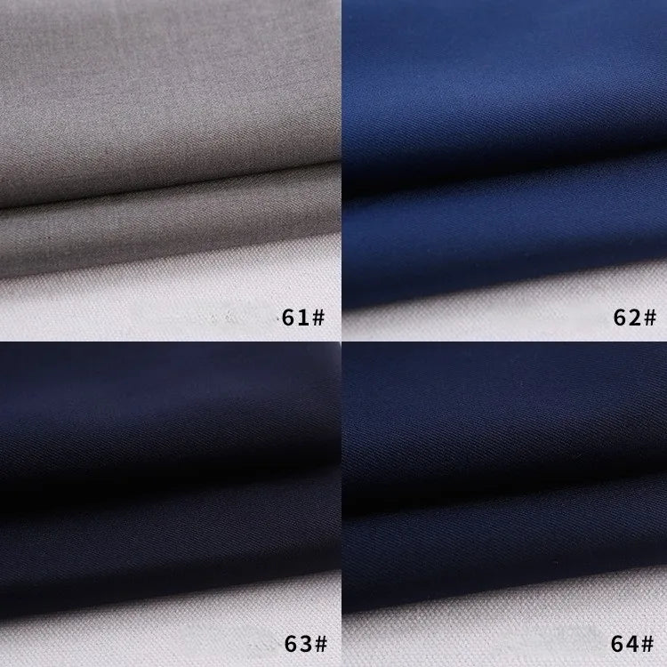 Four Colorful Rayon Polyester Blend Gabardine swatches by Longan Craft are shown: light gray (61#), dark blue (62#), deep navy blue (63#), and lighter navy blue (64#). Each heavyweight fabric is labeled with its number.