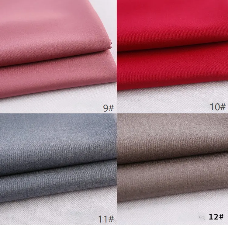 Four neatly folded Longan Craft Colorful Rayon Polyester Blend Gabardine swatches—dusty pink (9#), vibrant red (10#), light gray (11#), and taupe brown (12#)—each labeled in the lower right corner. Perfect for DIY uniforms.