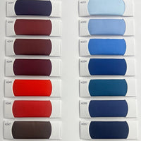 A display of 13 Longan Craft Colorful Satin Viscose fabric swatches (K041–K057), arranged in two columns, shows elegant polyester viscose twill weaves from deep reds and maroons to light blue and navy—ideal for formal dresses.