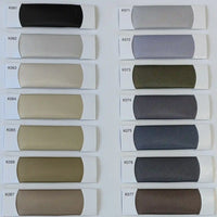 Thirteen Longan Craft swatches of Colorful Satin Viscose Fabric By The Yard (codes K061–K077) are displayed in two columns, showcasing elegant polyester-viscose material in twill weave, ideal for formal dresses, in shades from black to blue and brown.
