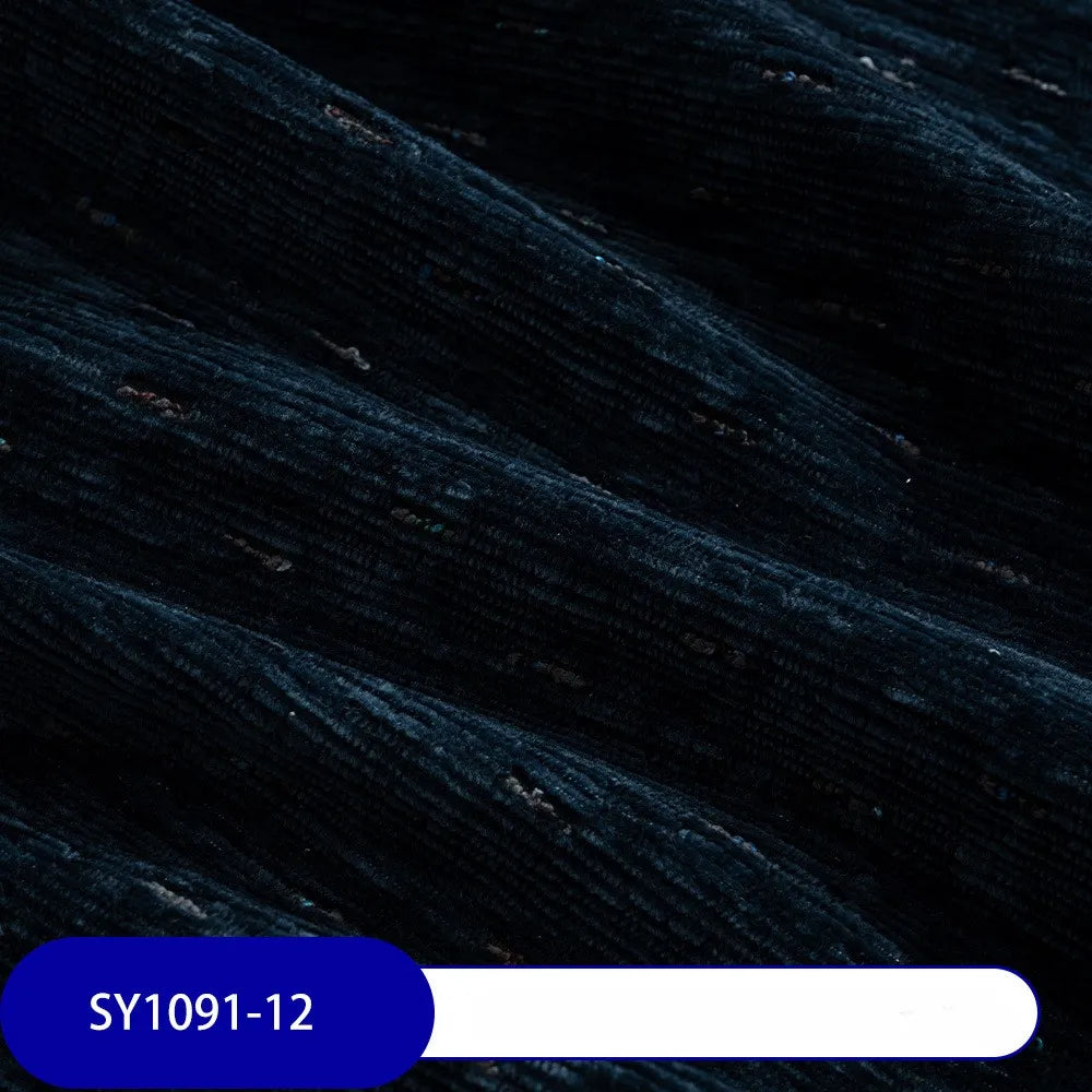 Close-up of Longan Craft’s Colorful Slub Chenille Fabric By The Yard, showcasing its slubby textured, heavyweight surface in deep blue. A blue and white label at the bottom displays the code “SY1091-12.”.