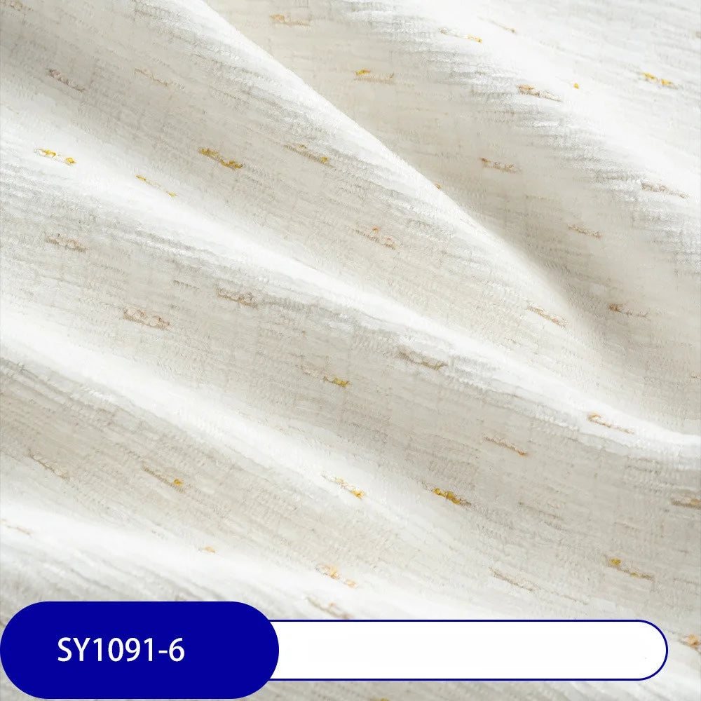 Longan Craft’s Colorful Slub Chenille Fabric By The Yard features a white, heavyweight slubby texture with subtle gold threads. Shown in gentle folds with code SY1091-6, this elegant chenille is perfect for home decor and upholstery projects.