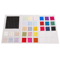 A Longan Craft open swatch book displays rows of colorful striped jacquard satin fabric samples, including shiny polyester stripe satin material, all neatly arranged on three white panels against a white background.