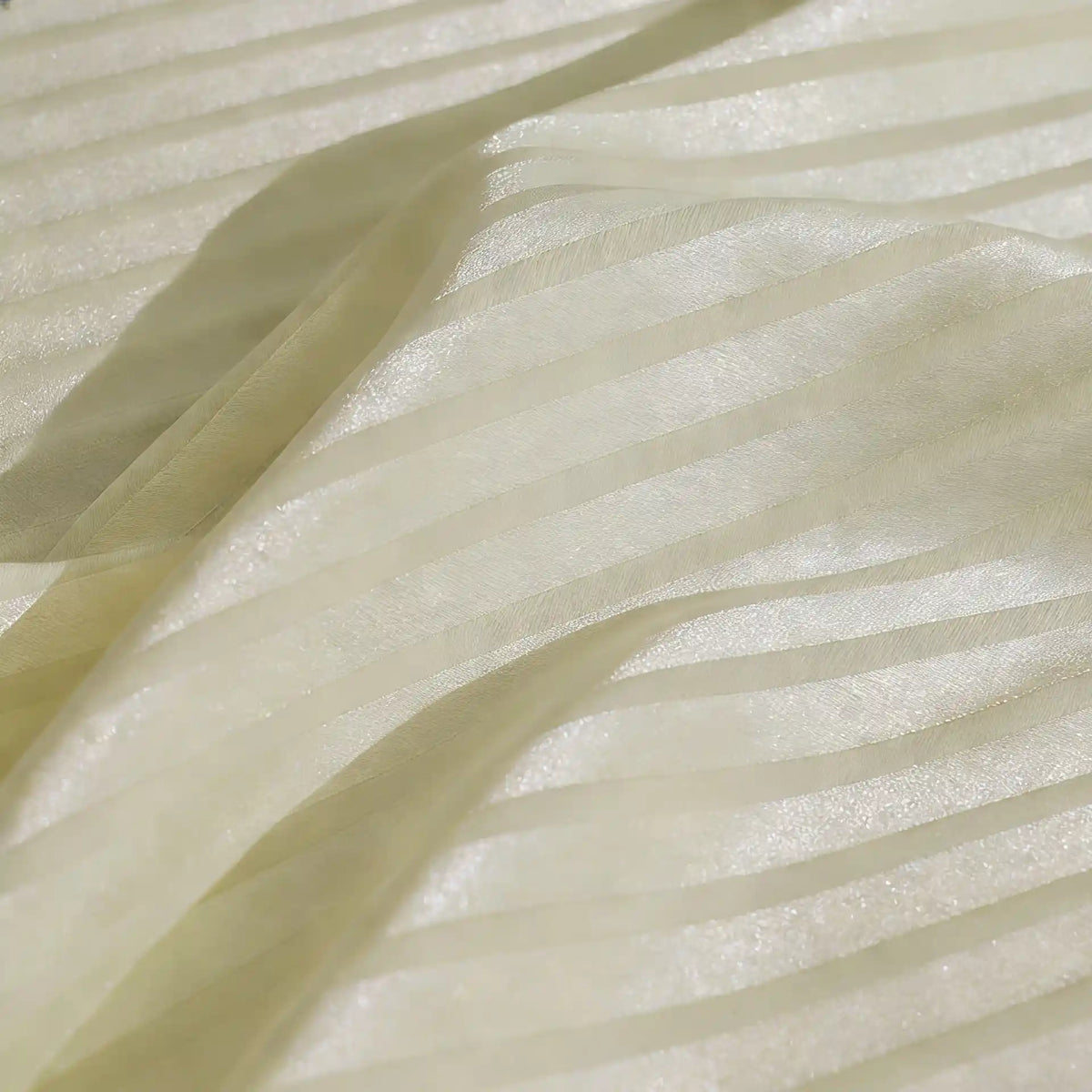 A close-up of Longan Craft’s Colorful Striped Jacquard Satin Fabric by the yard, a shiny polyester material with horizontal stripes, smooth texture, and soft drape—ideal for dressmaking.