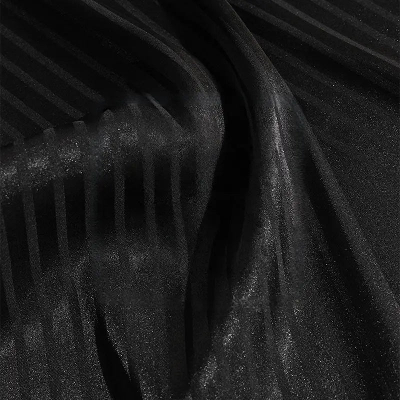 Close-up of Longan Craft’s Colorful Striped Jacquard Satin Fabric By The Yard—shiny polyester with smooth, breathable texture and vibrant stripes, perfect for dressmaking.