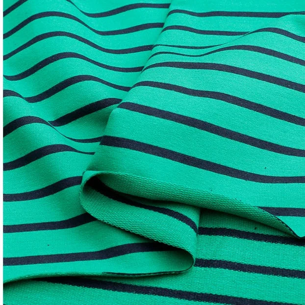 Longan Craft’s Colorful Striped Stretch French Terry Fabric by the yard features horizontal black stripes on green cotton-spandex knit, showcasing smooth texture and flexibility—perfect for sweatshirts and activewear projects.