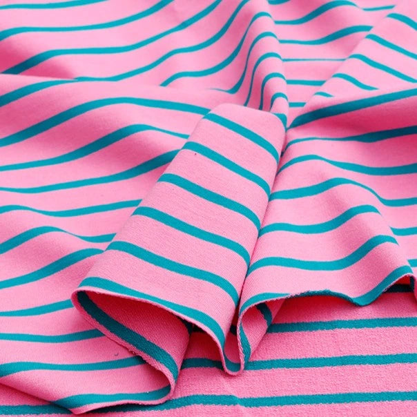 A close-up of Longan Craft’s Colorful Striped Stretch French Terry Fabric by the yard, featuring knit cotton with evenly spaced horizontal turquoise stripes—perfect soft, stretchy material for sweatshirts and activewear.