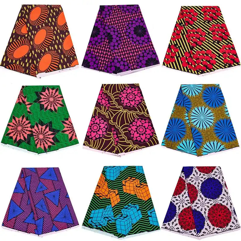 Nine vibrant Longan Craft Colorful Wax Print Ankara polyester fabrics arranged in a grid, each with bold geometric or floral designs in orange, purple, red, green, blue, and yellow on striking backgrounds—perfect for various garment styles.