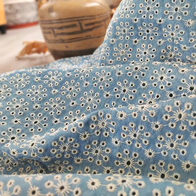 Cotton Denim Floral Embroidered Eyelet Fabric By The Yard