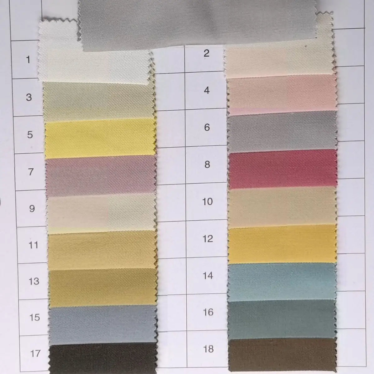 A photo displays two numbered columns of Longan Craft’s Cotton Gabardine Fabric By The Yard, a lightweight, breathable twill in multiple colors—whites, yellows, pinks, grays, blues, and browns—ideal for shirt making.