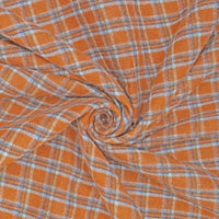 Orange cotton gingham sueded flannel fabric by the yard from Longan Craft, featuring a multicolor plaid pattern with white and blue lines, arranged in a spiral twist at the center.