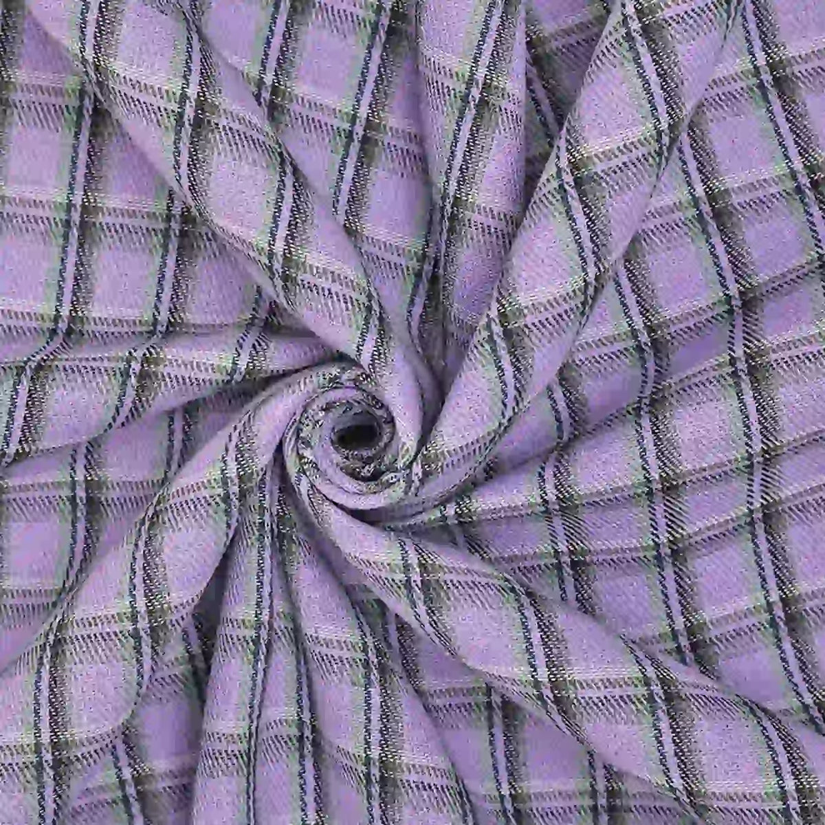 A close-up of Longan Craft’s Cotton Gingham Sueded Flannel Fabric by the yard, featuring a multicolor polyester checked pattern in black, white, green, and purple, arranged in a spiral display.